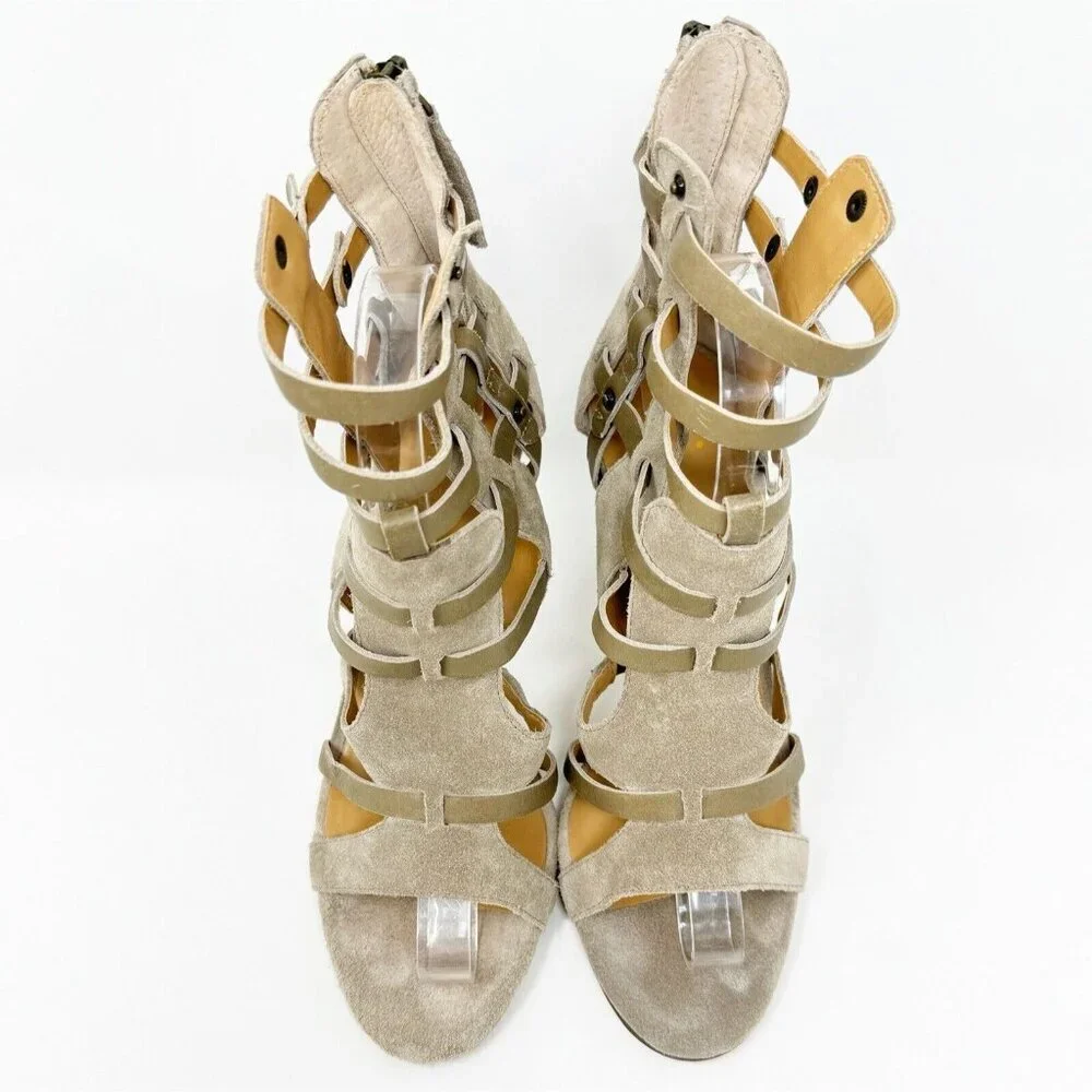 Levity Gladie Strappy Leather Stacked‎ Heel Taupe Gladiator Tan Ankle Mule 8